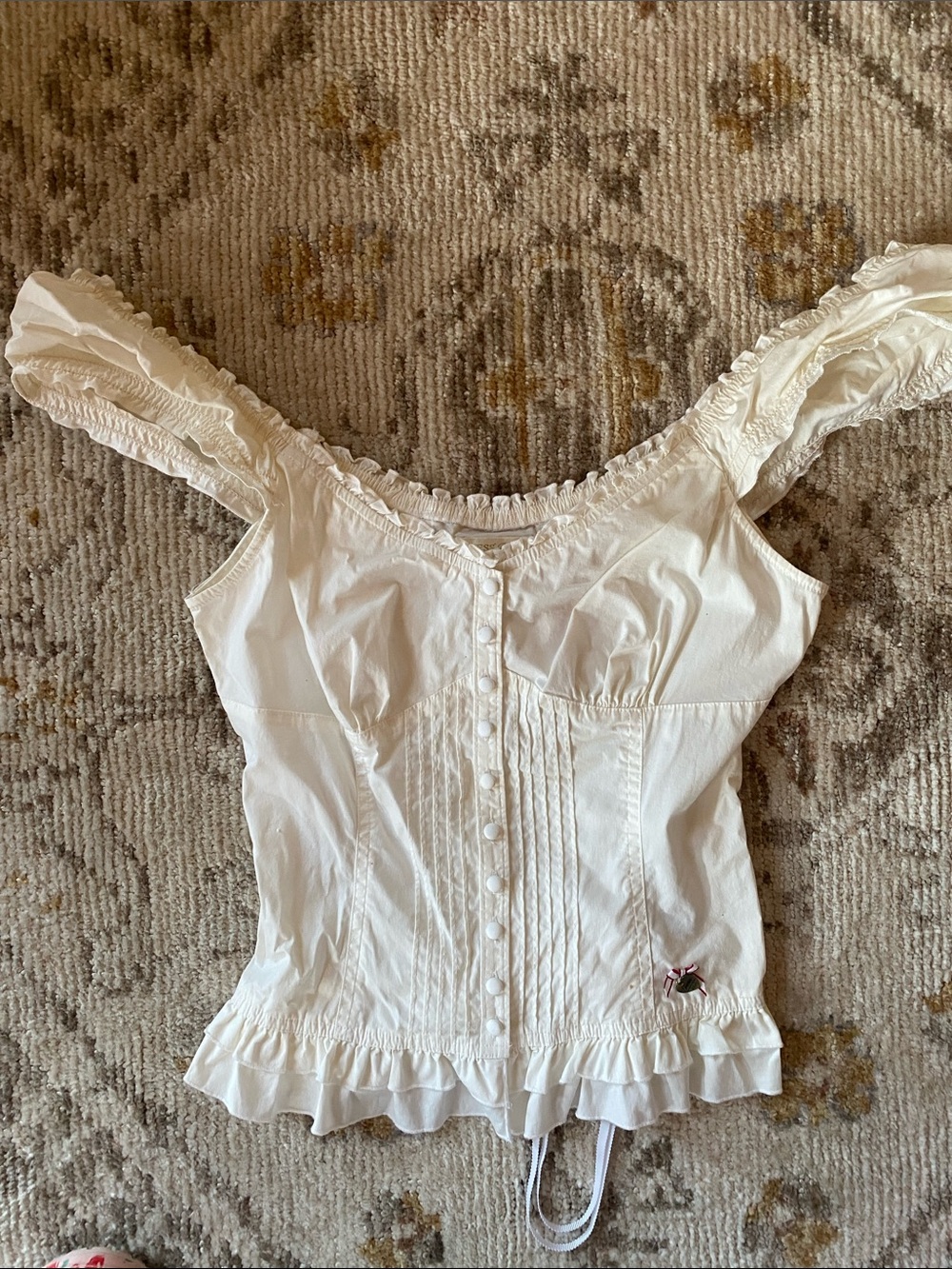 White Ruffled Off-Shoulder Button Front  corset top Top guess